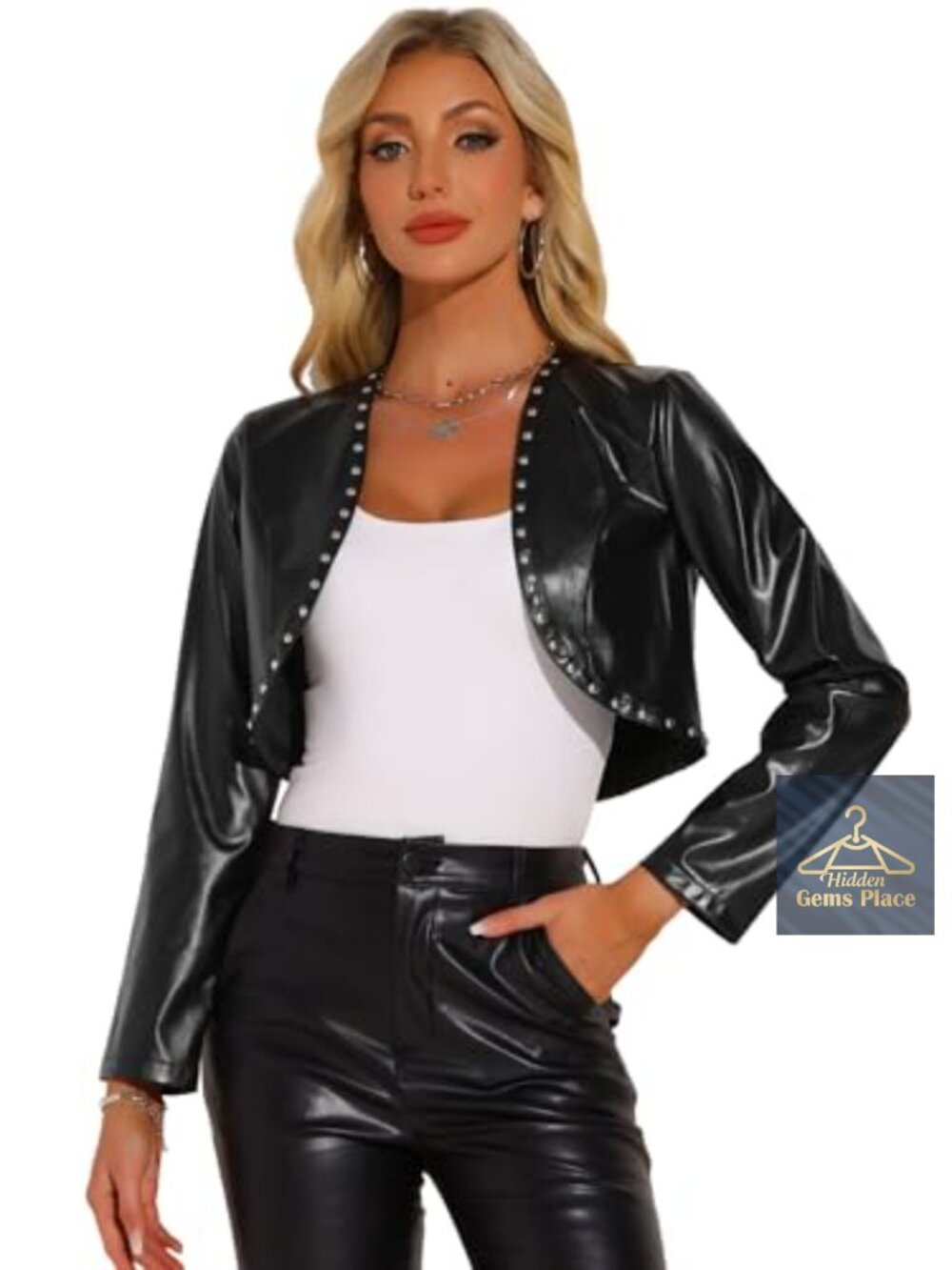 PU Leather Cropped Jacket Long Sleeve Casual Party Bolero Short Jacket